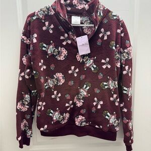 Burgundy Fleece Pullover with Doll and Bow Print